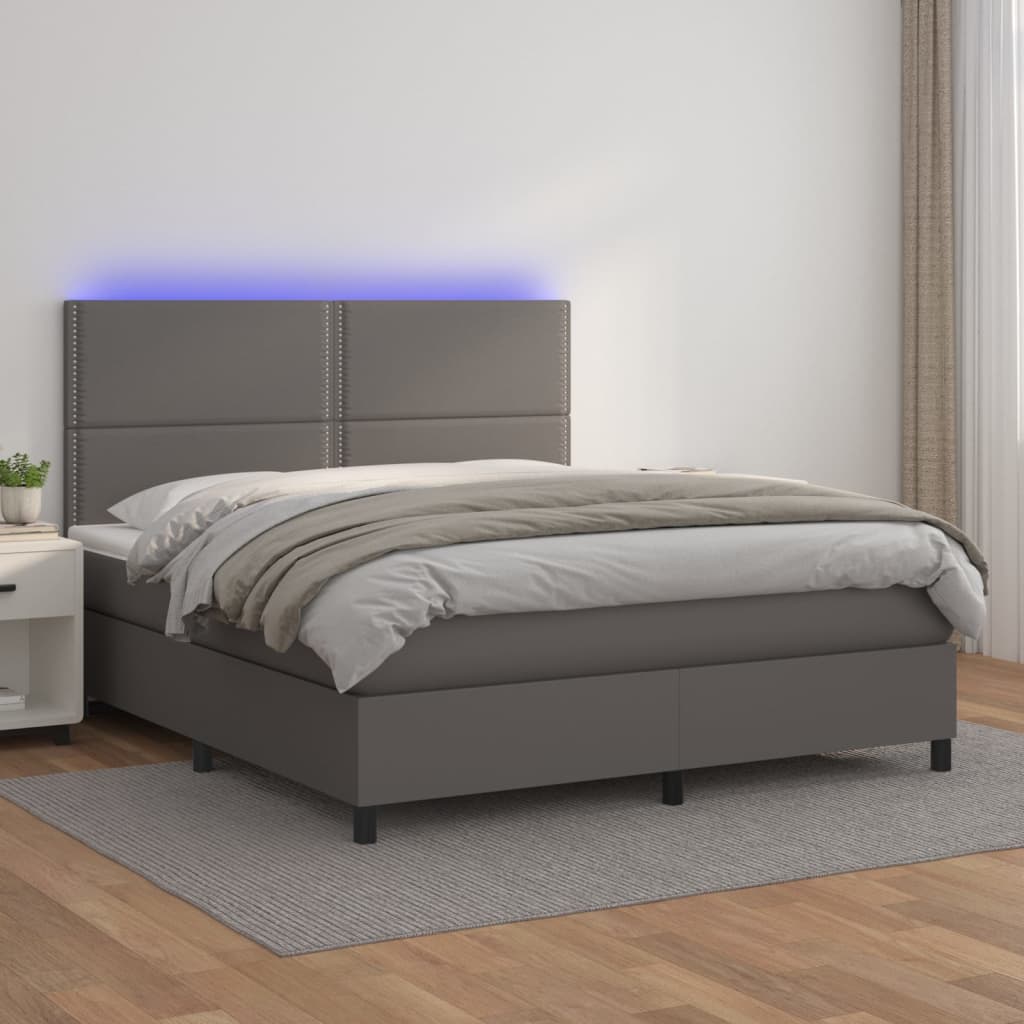 Κρεβάτι Boxspring με Στρώμα & LED Γκρι 160x200 εκ. Συνθ. Δέρμα