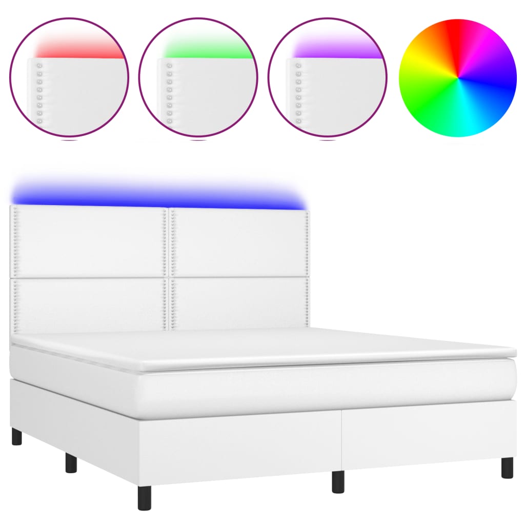 Κρεβάτι Boxspring με Στρώμα & LED Λευκό 180x200 εκ. Συνθ. Δέρμα