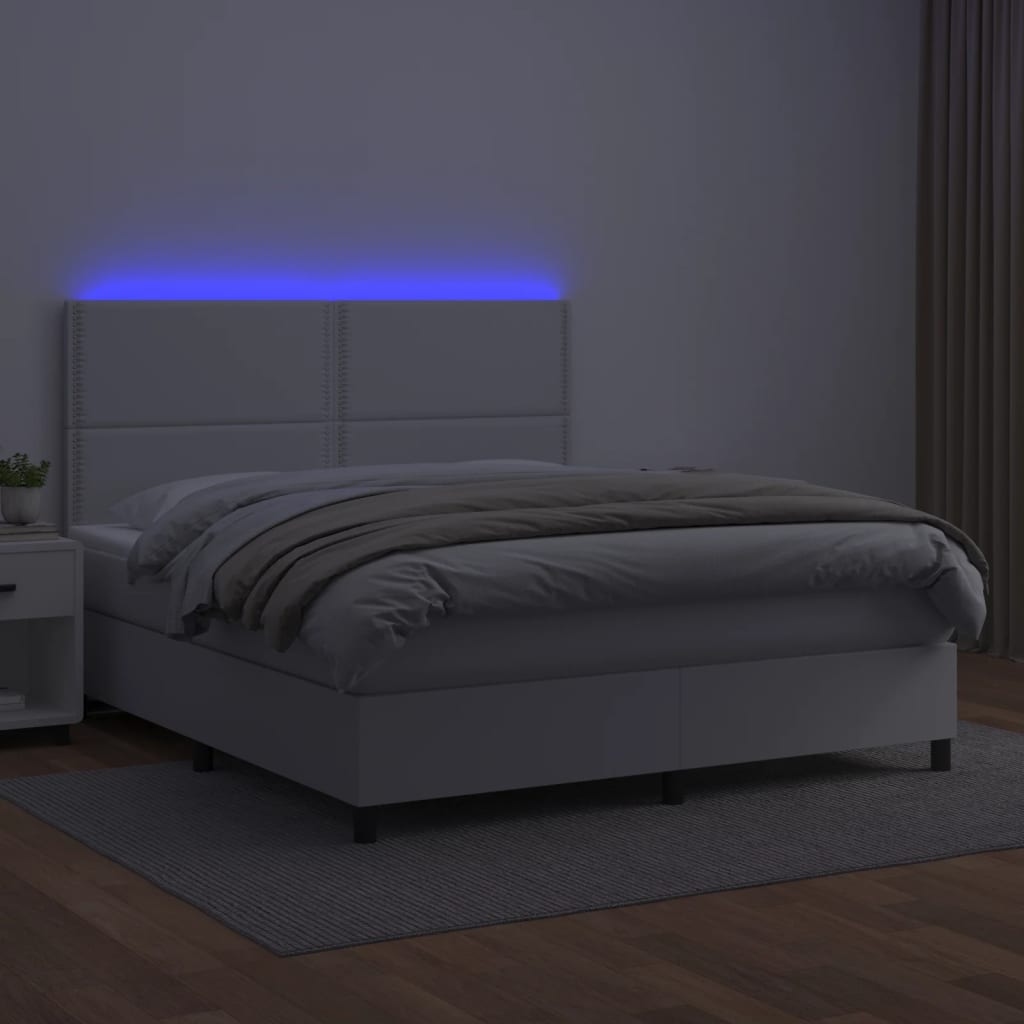 Κρεβάτι Boxspring με Στρώμα & LED Λευκό 180x200 εκ. Συνθ. Δέρμα