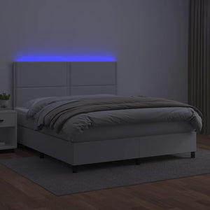 Κρεβάτι Boxspring με Στρώμα & LED Λευκό 180x200 εκ. Συνθ. Δέρμα