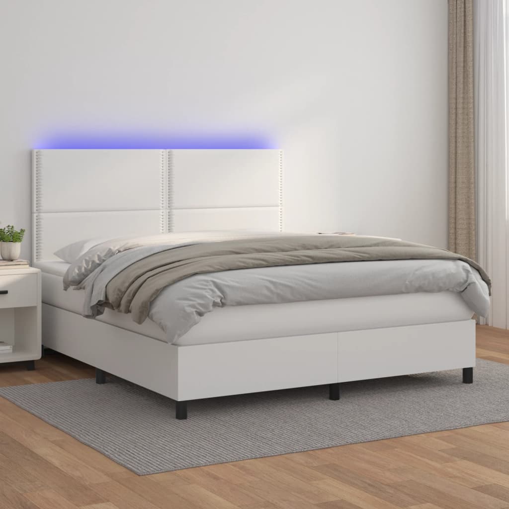 Κρεβάτι Boxspring με Στρώμα & LED Λευκό 180x200 εκ. Συνθ. Δέρμα
