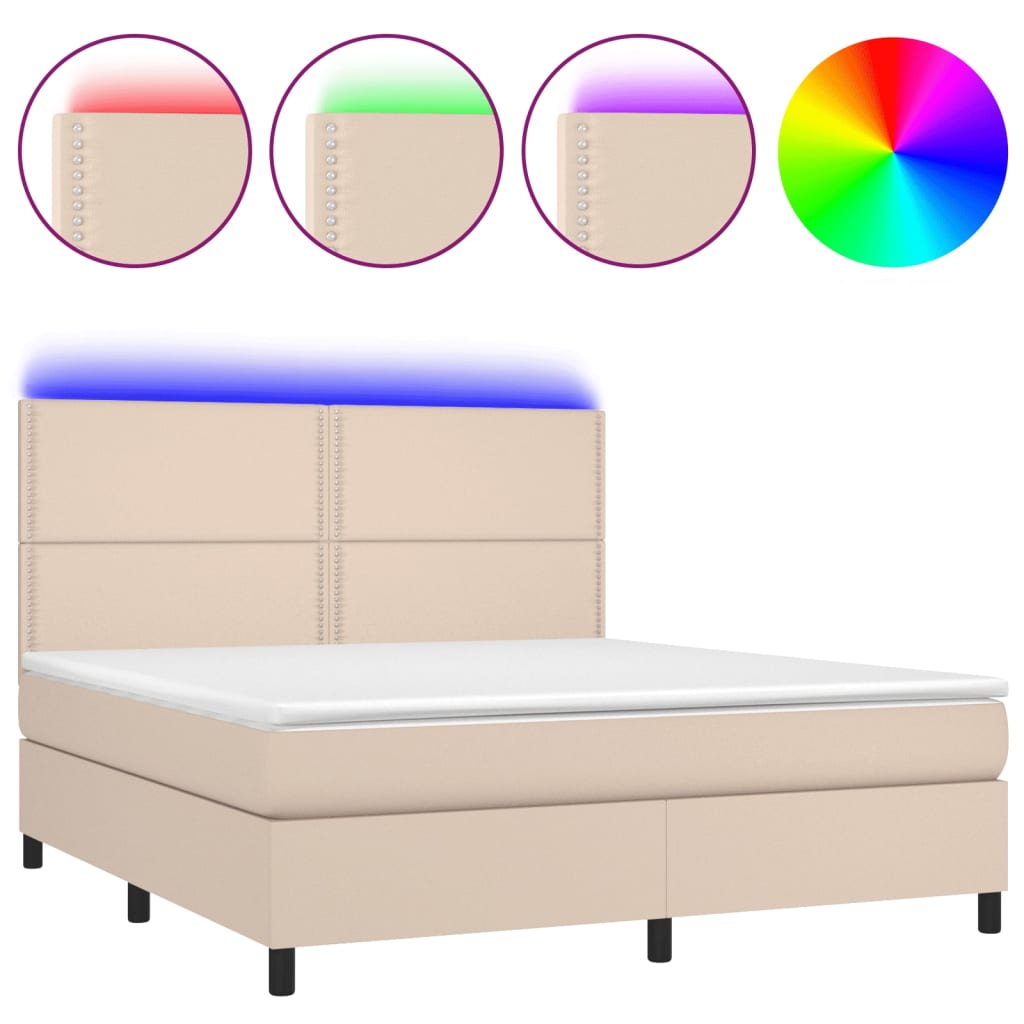 Κρεβάτι Boxspring Στρώμα&LED Καπουτσίνο 180x200 εκ. Συνθ. Δέρμα