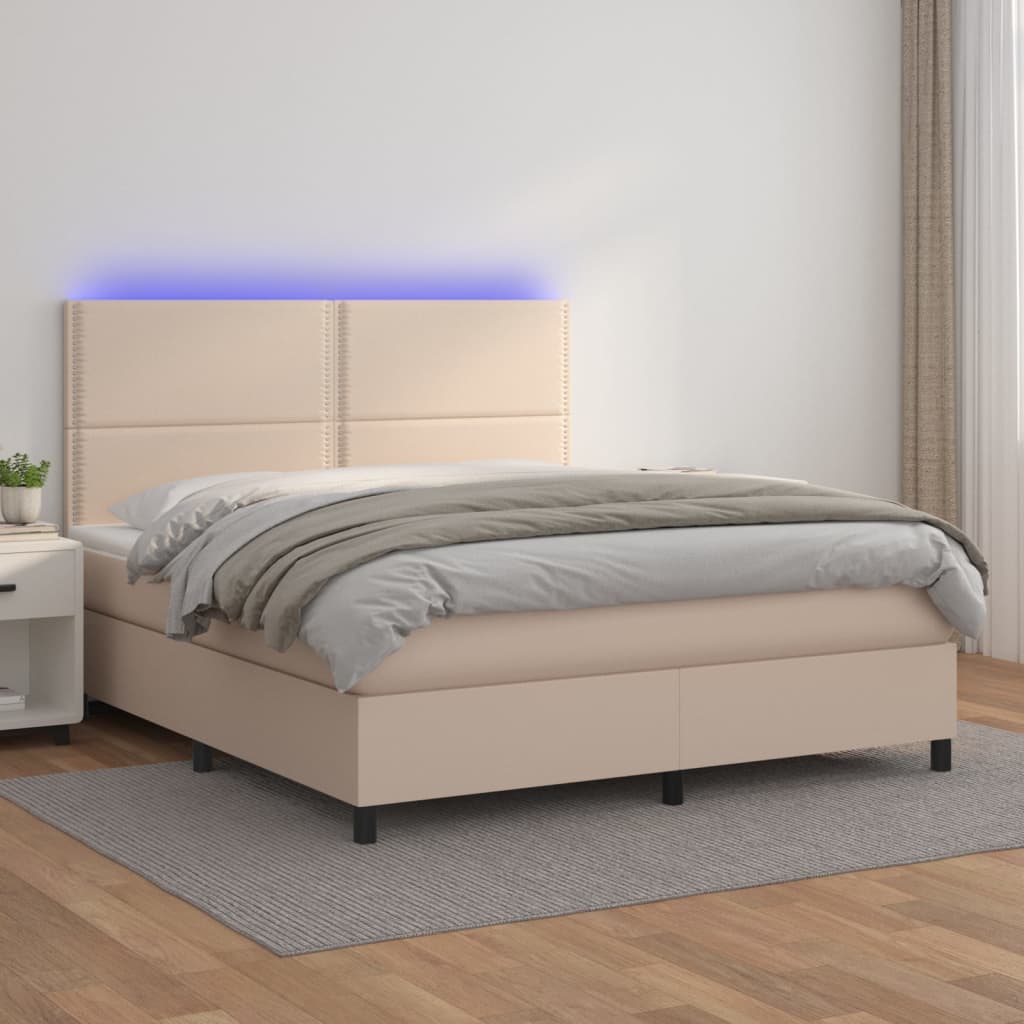 Κρεβάτι Boxspring Στρώμα&LED Καπουτσίνο 180x200 εκ. Συνθ. Δέρμα