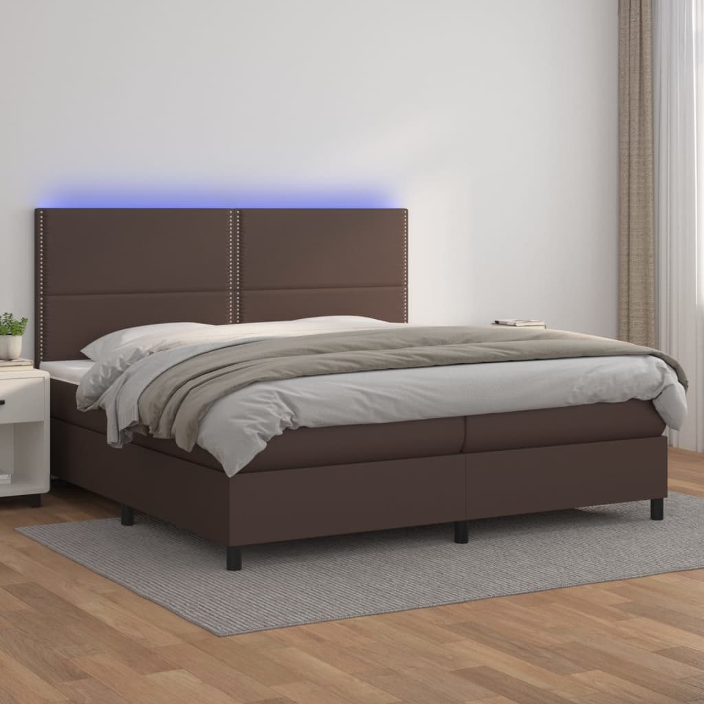 Κρεβάτι Boxspring με Στρώμα & LED Καφέ 200x200 εκ. Συνθ. Δέρμα