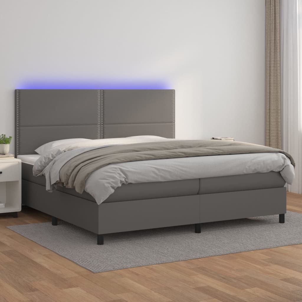 Κρεβάτι Boxspring με Στρώμα & LED Γκρι 200x200 εκ. Συνθ. Δέρμα