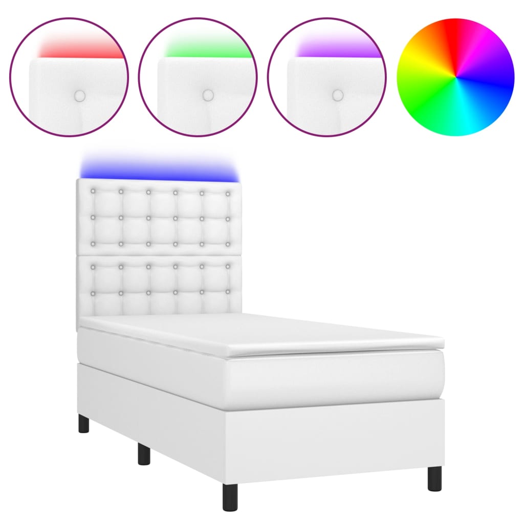 Κρεβάτι Boxspring με Στρώμα & LED Λευκό 90x190 εκ. Συνθ. Δέρμα