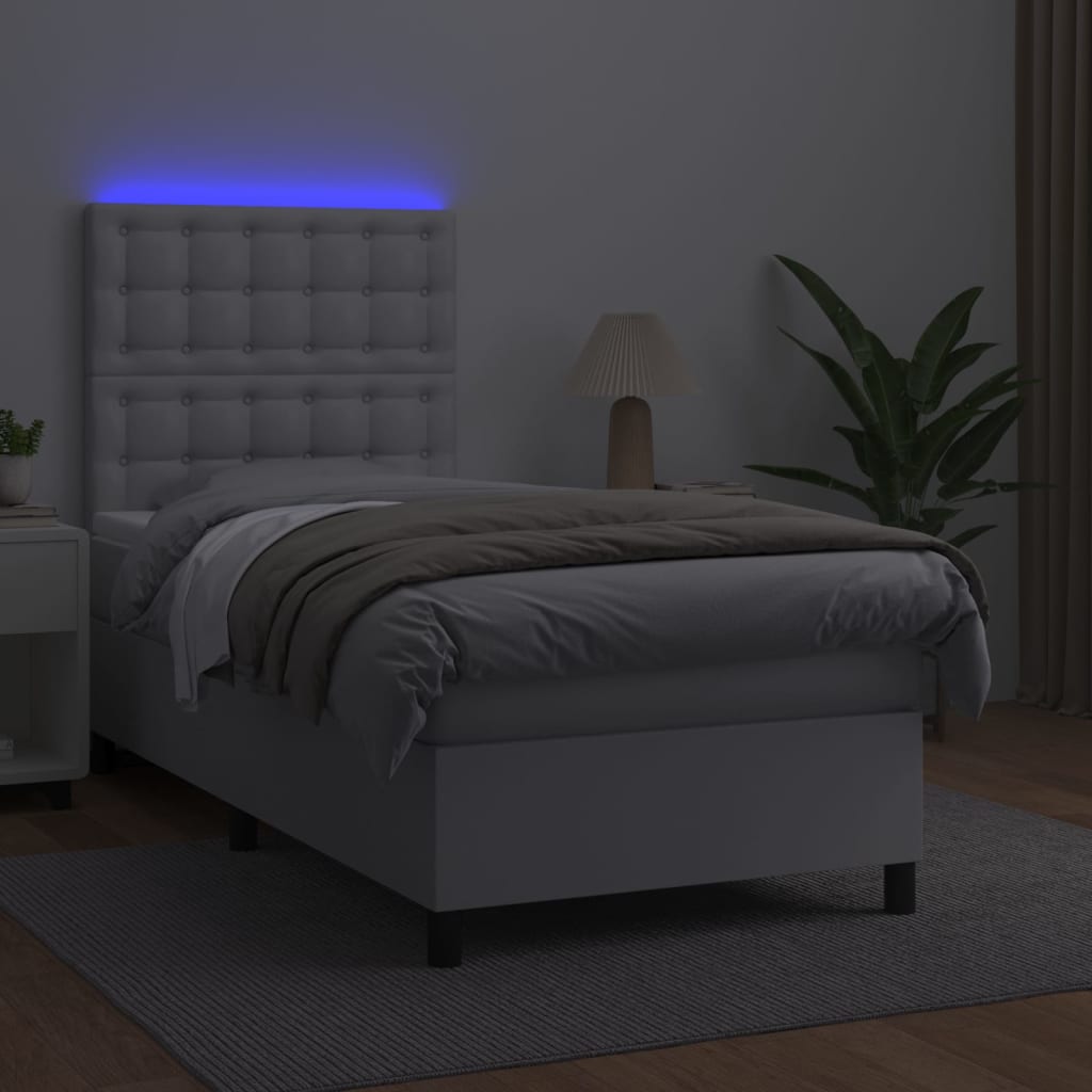 Κρεβάτι Boxspring με Στρώμα & LED Λευκό 90x190 εκ. Συνθ. Δέρμα