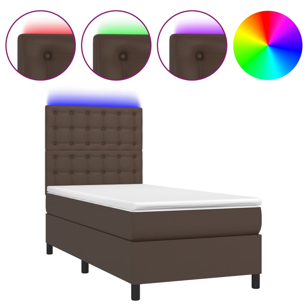Κρεβάτι Boxspring με Στρώμα & LED Καφέ 90x190 εκ. Συνθ. Δέρμα
