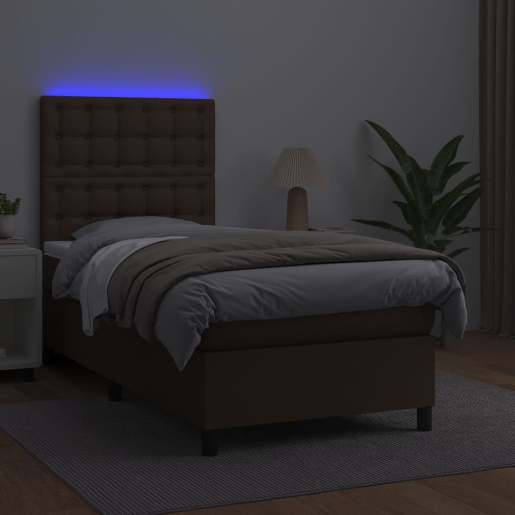 Κρεβάτι Boxspring με Στρώμα & LED Καφέ 90x190 εκ. Συνθ. Δέρμα