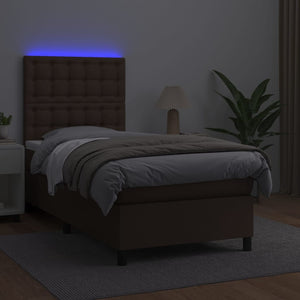 Κρεβάτι Boxspring με Στρώμα & LED Καφέ 90x190 εκ. Συνθ. Δέρμα