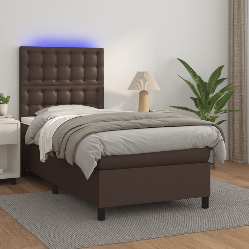 Κρεβάτι Boxspring με Στρώμα & LED Καφέ 90x190 εκ. Συνθ. Δέρμα