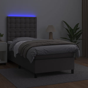 Κρεβάτι Boxspring με Στρώμα & LED Γκρι 90x190 εκ. Συνθ. Δέρμα