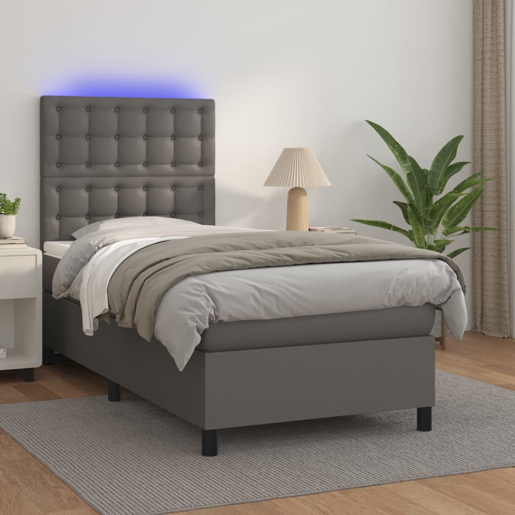 Κρεβάτι Boxspring με Στρώμα & LED Γκρι 90x190 εκ. Συνθ. Δέρμα