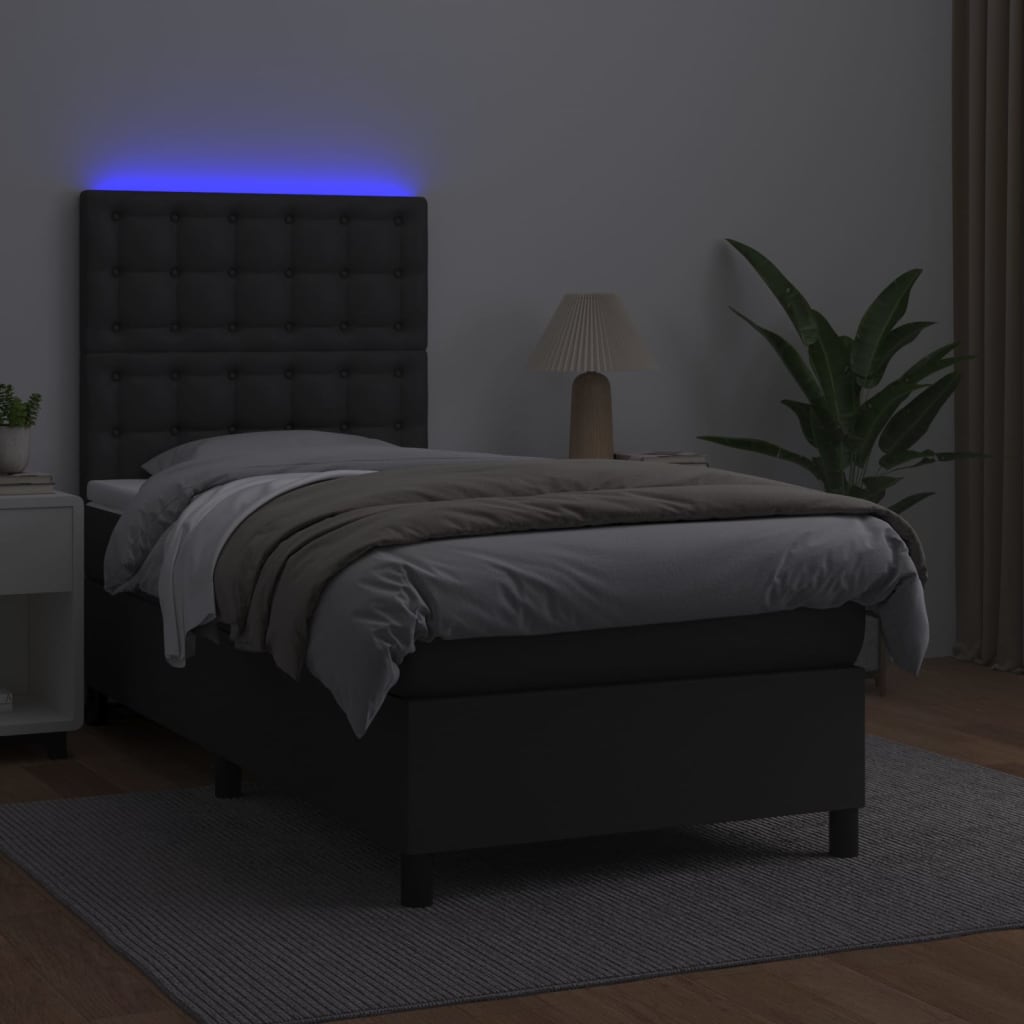 Κρεβάτι Boxspring με Στρώμα & LED Μαύρο 90x200 εκ. Συνθ. Δέρμα