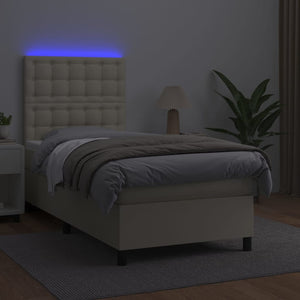 Κρεβάτι Boxspring με Στρώμα & LED Κρεμ 90x200 εκ. Συνθ. Δέρμα - Pakobazaar