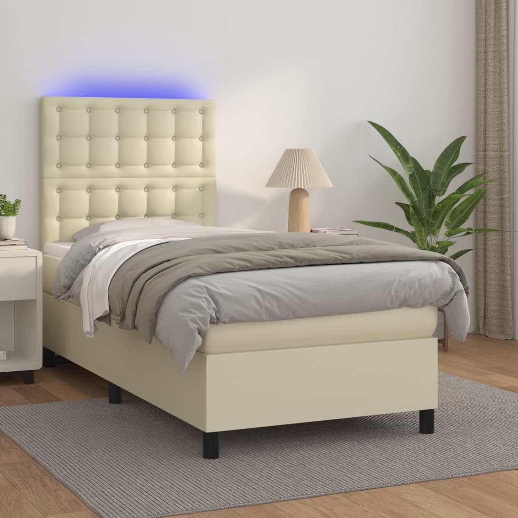 Κρεβάτι Boxspring με Στρώμα & LED Κρεμ 90x200 εκ. Συνθ. Δέρμα - Pakobazaar