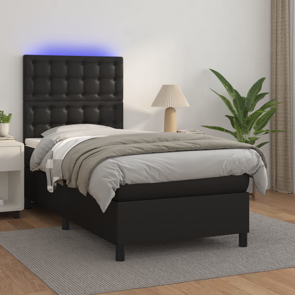 Κρεβάτι Boxspring με Στρώμα & LED Μαύρο 100x200 εκ. Συνθ. Δέρμα
