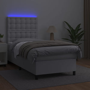 Κρεβάτι Boxspring με Στρώμα & LED Λευκό 100x200 εκ. Συνθ. Δέρμα