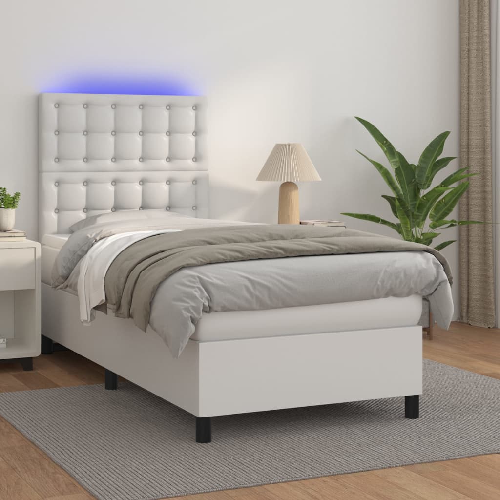 Κρεβάτι Boxspring με Στρώμα & LED Λευκό 100x200 εκ. Συνθ. Δέρμα