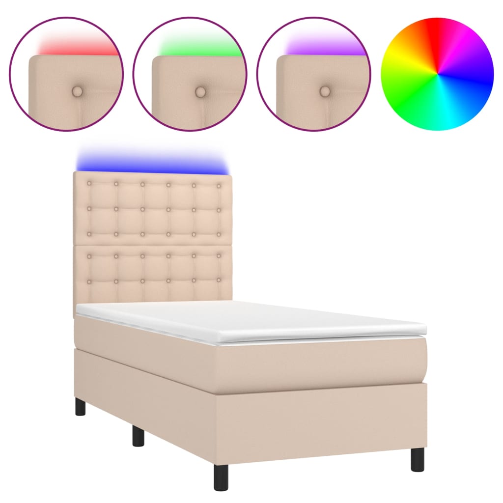 Κρεβάτι Boxspring Στρώμα&LED Καπουτσίνο 100x200 εκ. Συνθ. Δέρμα