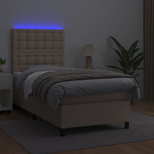 Κρεβάτι Boxspring Στρώμα&LED Καπουτσίνο 100x200 εκ. Συνθ. Δέρμα - Pakobazaar