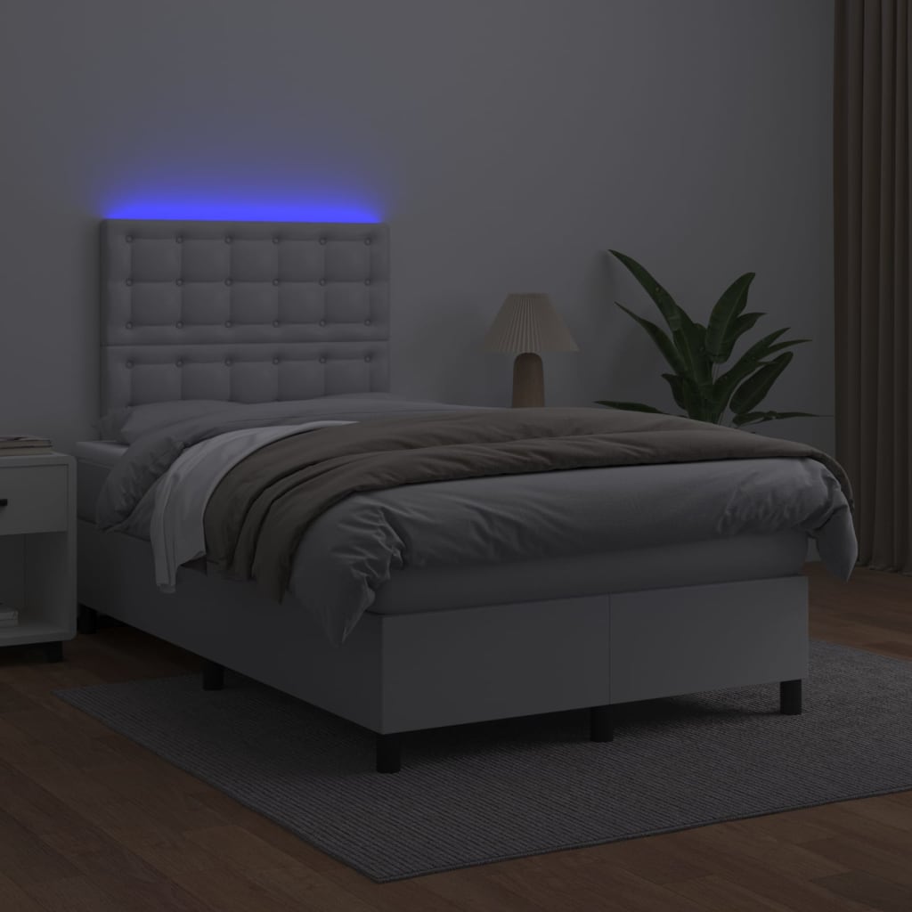 Κρεβάτι Boxspring με Στρώμα & LED Λευκό 120x200 εκ. Συνθ. Δέρμα