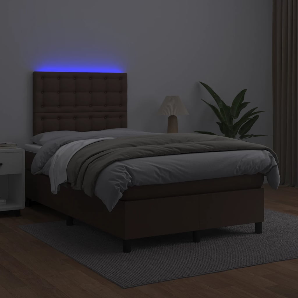 Κρεβάτι Boxspring με Στρώμα & LED Καφέ 120x200 εκ. Συνθ. Δέρμα