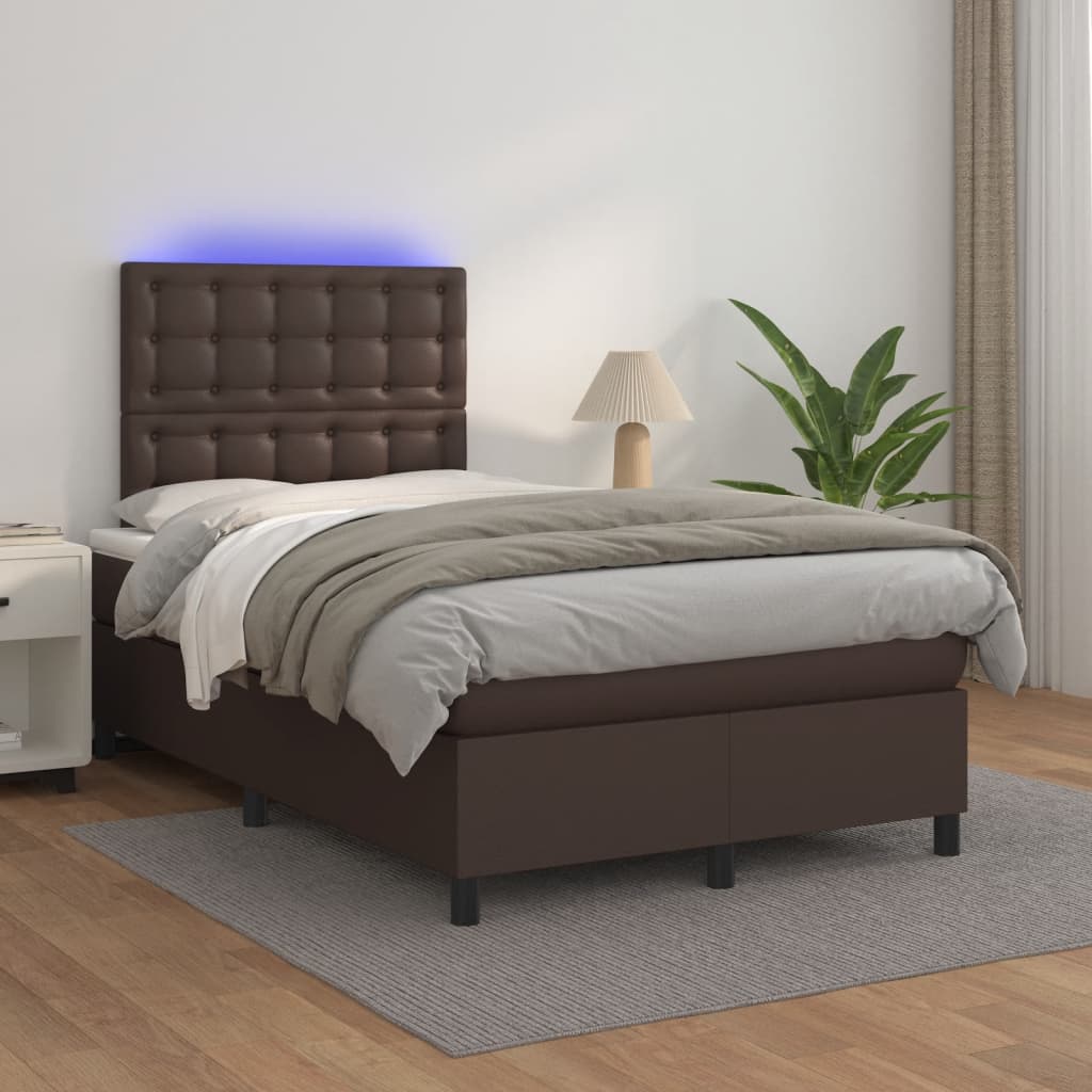 Κρεβάτι Boxspring με Στρώμα & LED Καφέ 120x200 εκ. Συνθ. Δέρμα
