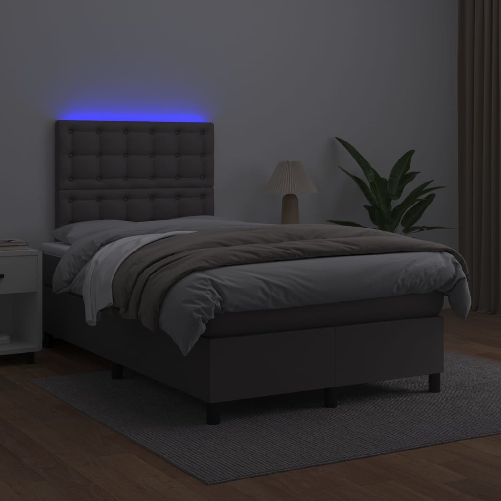 Κρεβάτι Boxspring με Στρώμα & LED Γκρι 120x200 εκ. Συνθ. Δέρμα