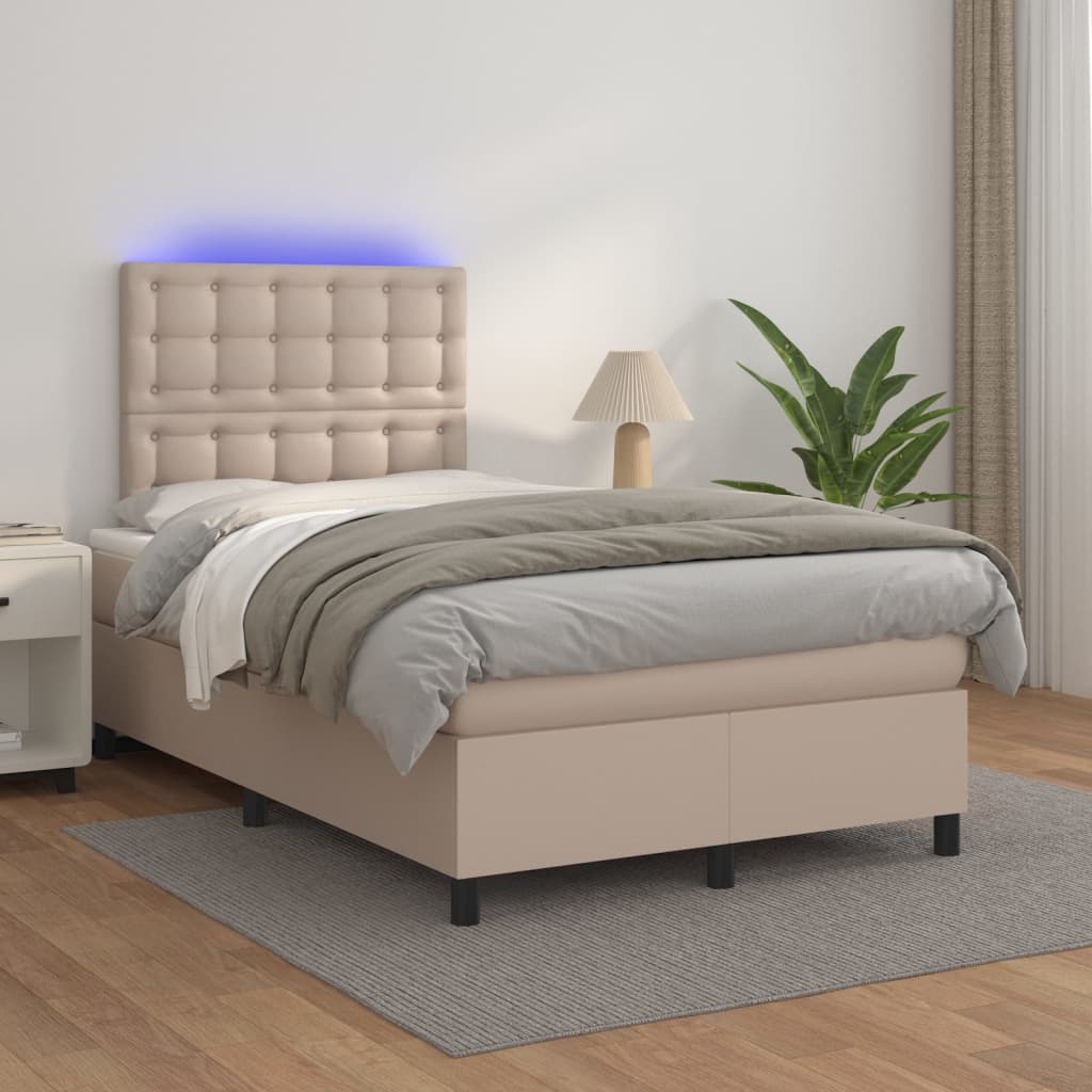 Κρεβάτι Boxspring Στρώμα&LED Καπουτσίνο 120x200 εκ. Συνθ. Δέρμα