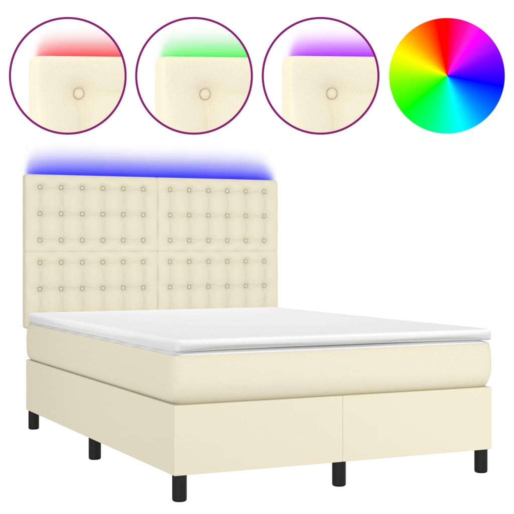Κρεβάτι Boxspring με Στρώμα & LED Κρεμ 140x190 εκ. Συνθ. Δέρμα - Pakobazaar