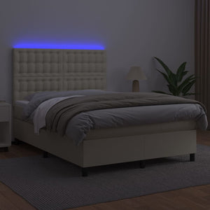 Κρεβάτι Boxspring με Στρώμα & LED Κρεμ 140x190 εκ. Συνθ. Δέρμα - Pakobazaar