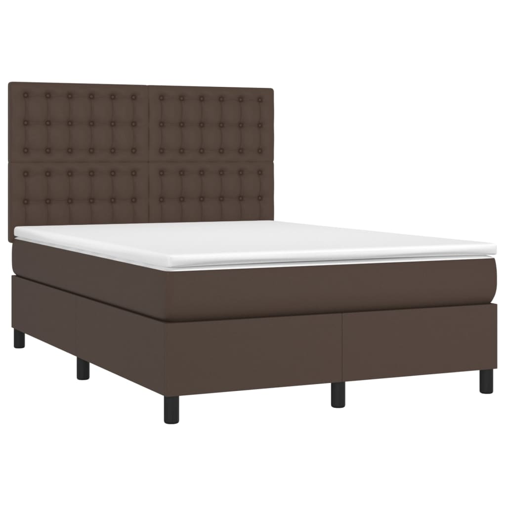 Κρεβάτι Boxspring με Στρώμα & LED Καφέ 140x190 εκ. Συνθ. Δέρμα
