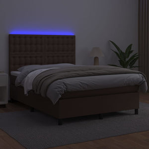 Κρεβάτι Boxspring με Στρώμα & LED Καφέ 140x190 εκ. Συνθ. Δέρμα