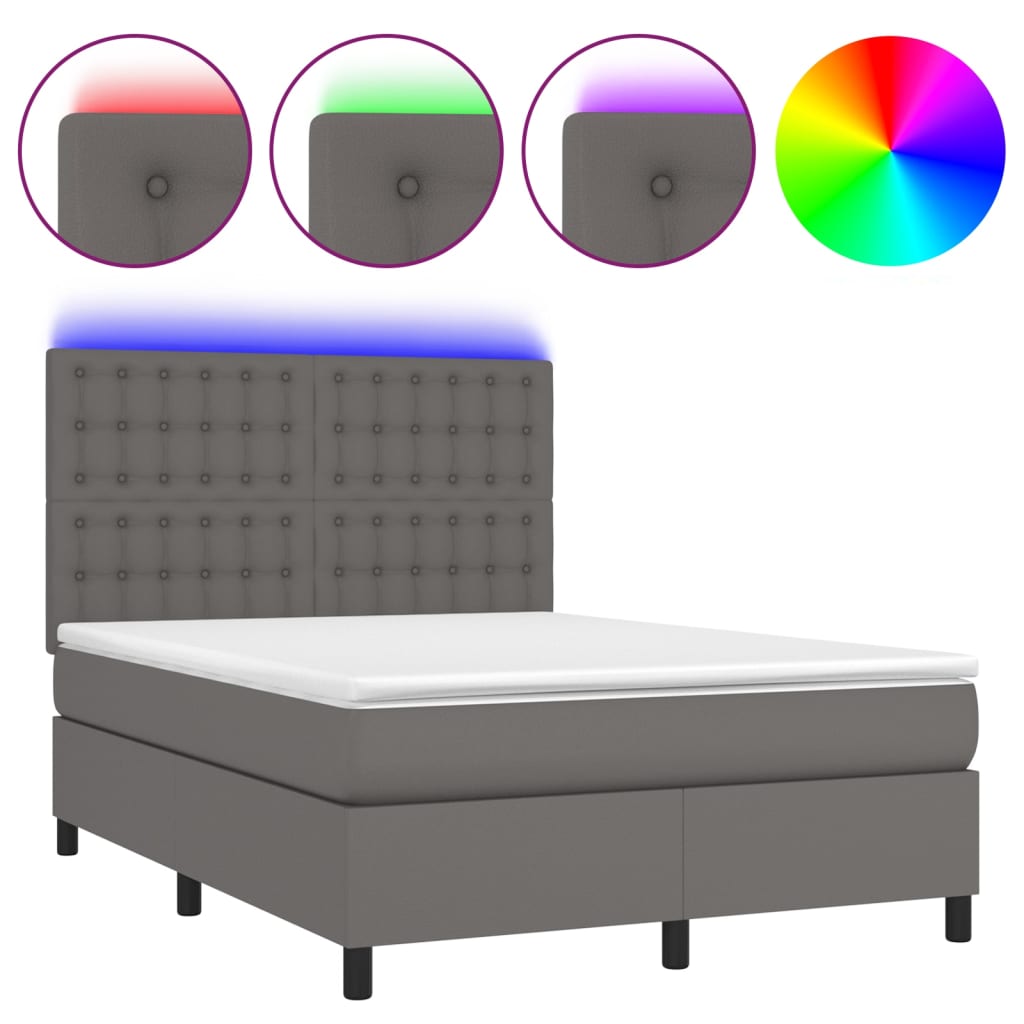 Κρεβάτι Boxspring με Στρώμα & LED Γκρι 140x190 εκ. Συνθ. Δέρμα