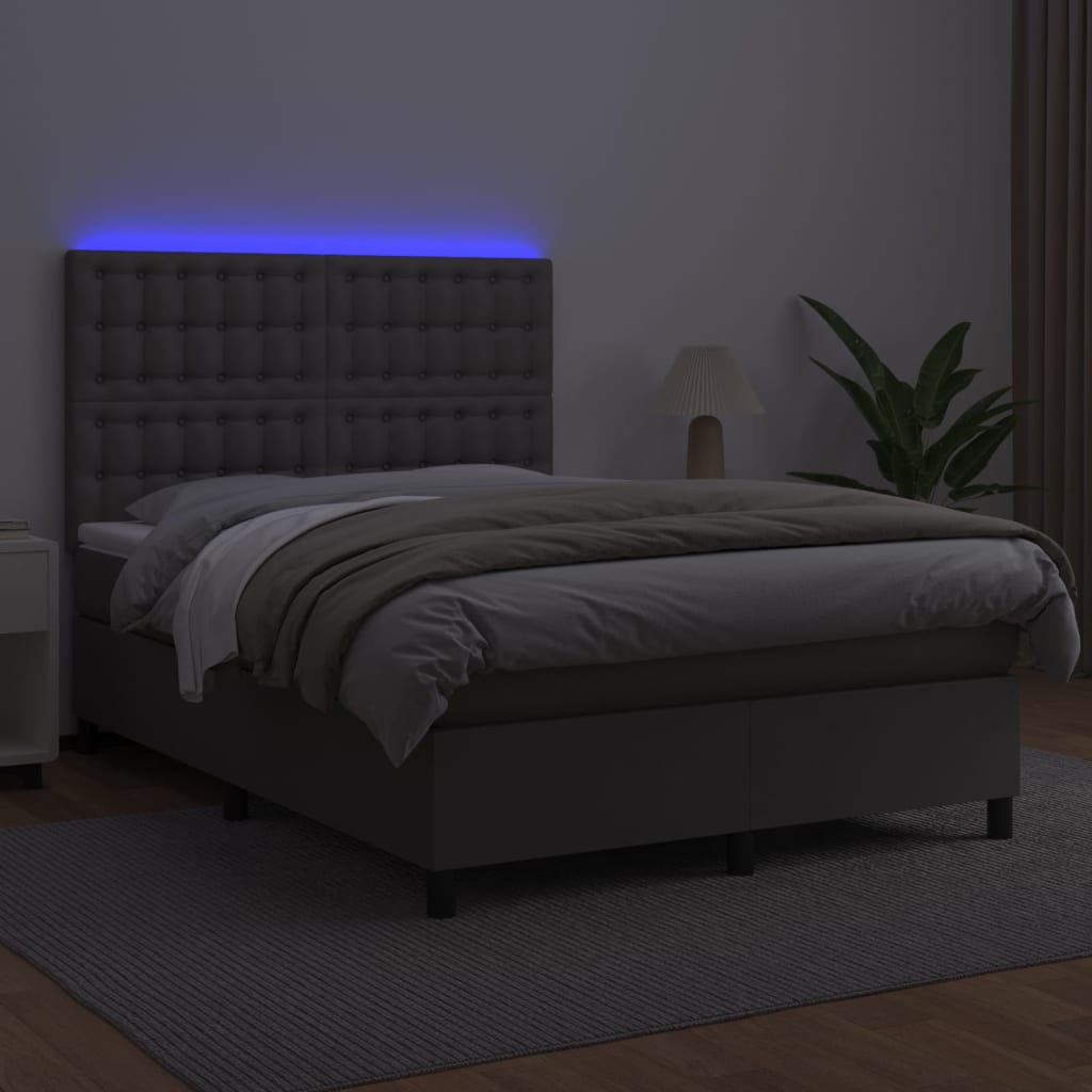 Κρεβάτι Boxspring με Στρώμα & LED Γκρι 140x190 εκ. Συνθ. Δέρμα