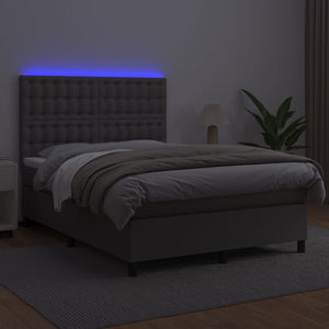 Κρεβάτι Boxspring με Στρώμα & LED Γκρι 140x190 εκ. Συνθ. Δέρμα
