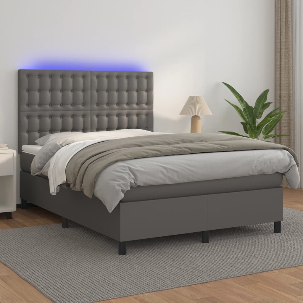 Κρεβάτι Boxspring με Στρώμα & LED Γκρι 140x190 εκ. Συνθ. Δέρμα