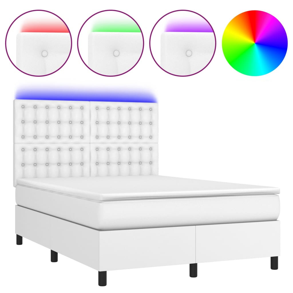 Κρεβάτι Boxspring με Στρώμα & LED Λευκό 140x200 εκ. Συνθ. Δέρμα
