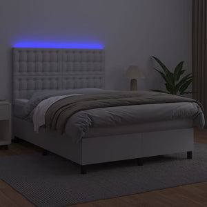 Κρεβάτι Boxspring με Στρώμα & LED Λευκό 140x200 εκ. Συνθ. Δέρμα