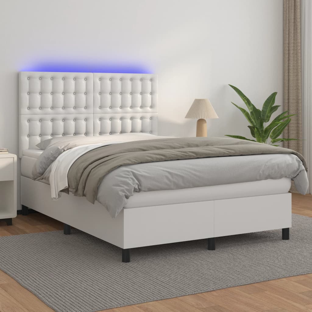 Κρεβάτι Boxspring με Στρώμα & LED Λευκό 140x200 εκ. Συνθ. Δέρμα