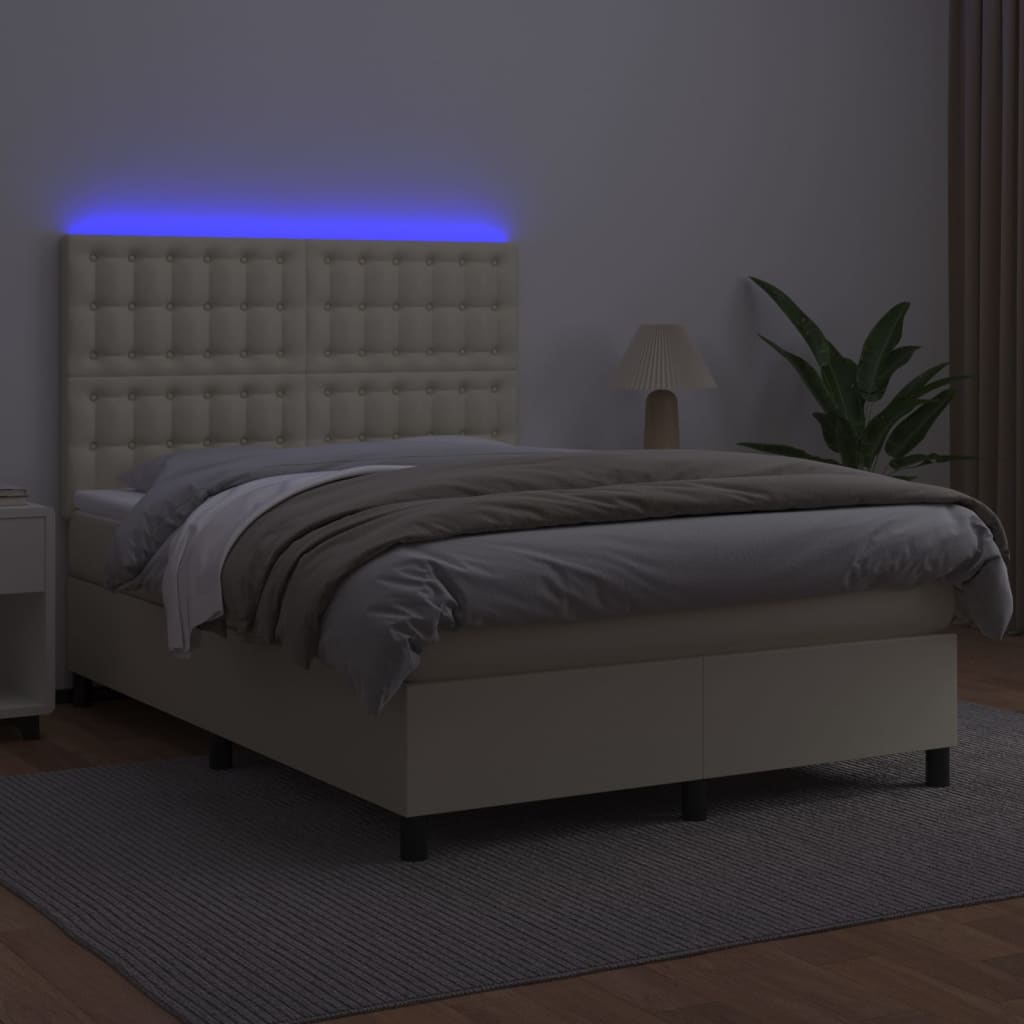 Κρεβάτι Boxspring με Στρώμα & LED Κρεμ 140x200 εκ. Συνθ. Δέρμα - Pakobazaar