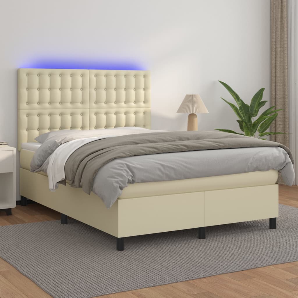 Κρεβάτι Boxspring με Στρώμα & LED Κρεμ 140x200 εκ. Συνθ. Δέρμα - Pakobazaar
