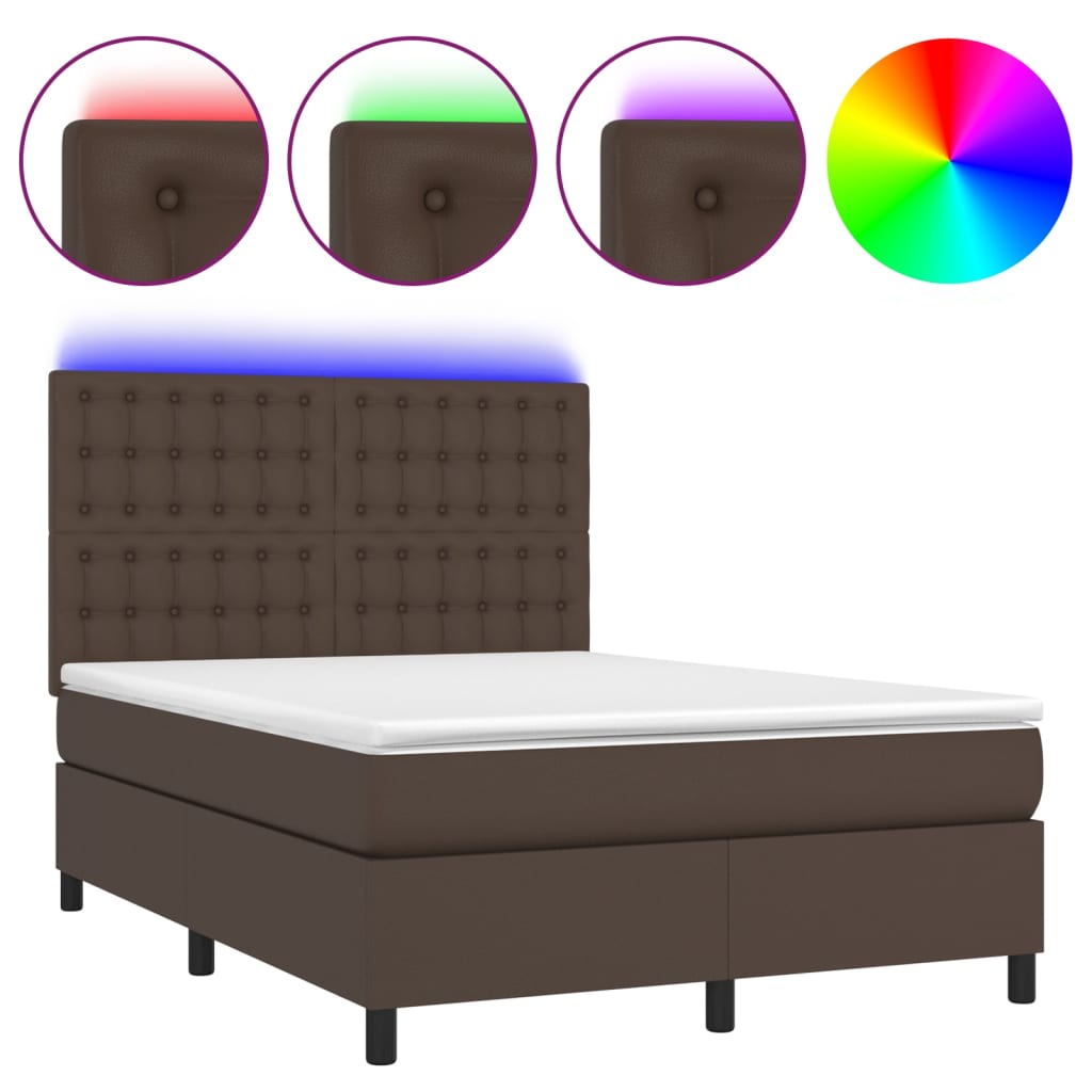 Κρεβάτι Boxspring με Στρώμα & LED Καφέ 140x200 εκ. Συνθ. Δέρμα