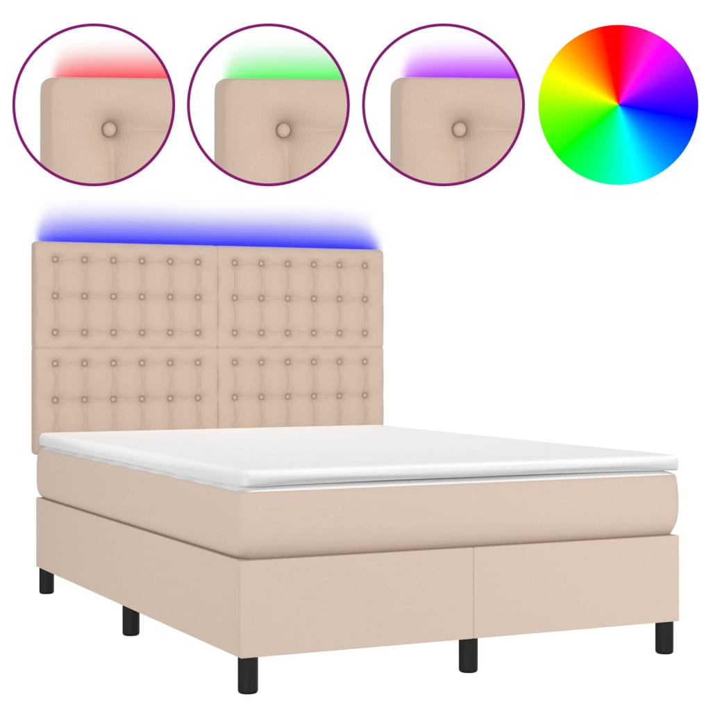 Κρεβάτι Boxspring Στρώμα&LED Καπουτσίνο 140x200 εκ. Συνθ. Δέρμα - Pakobazaar