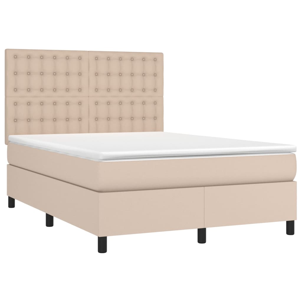 Κρεβάτι Boxspring Στρώμα&LED Καπουτσίνο 140x200 εκ. Συνθ. Δέρμα - Pakobazaar