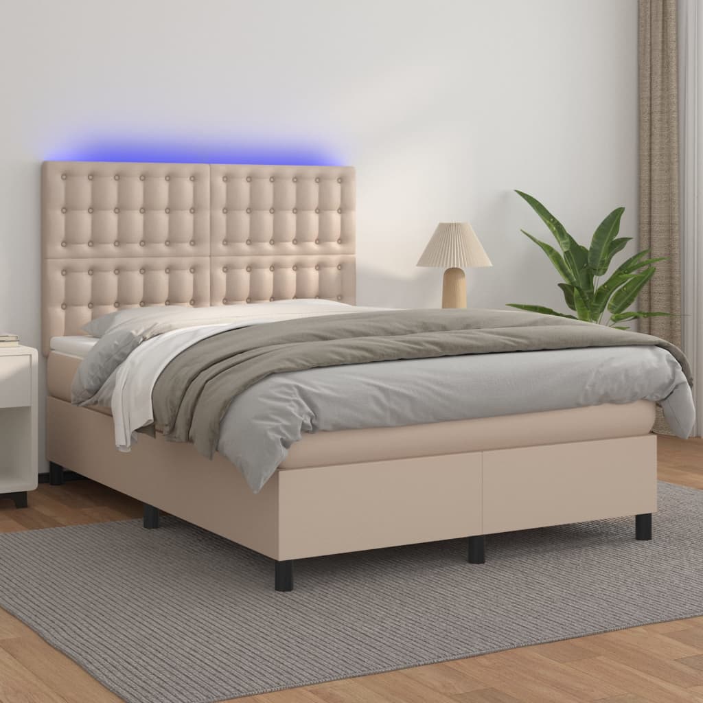 Κρεβάτι Boxspring Στρώμα&LED Καπουτσίνο 140x200 εκ. Συνθ. Δέρμα - Pakobazaar