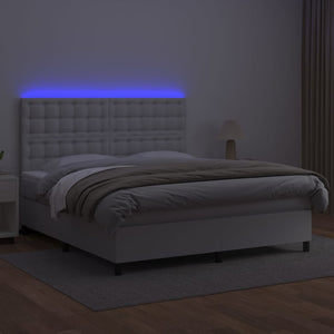 Κρεβάτι Boxspring με Στρώμα & LED Λευκό 160x200 εκ. Συνθ. Δέρμα