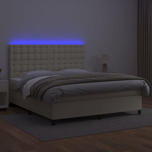 Κρεβάτι Boxspring με Στρώμα & LED Κρεμ 160x200 εκ. Συνθ. Δέρμα