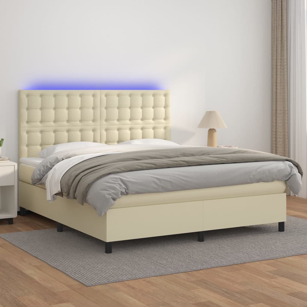 Κρεβάτι Boxspring με Στρώμα & LED Κρεμ 160x200 εκ. Συνθ. Δέρμα - Pakobazaar